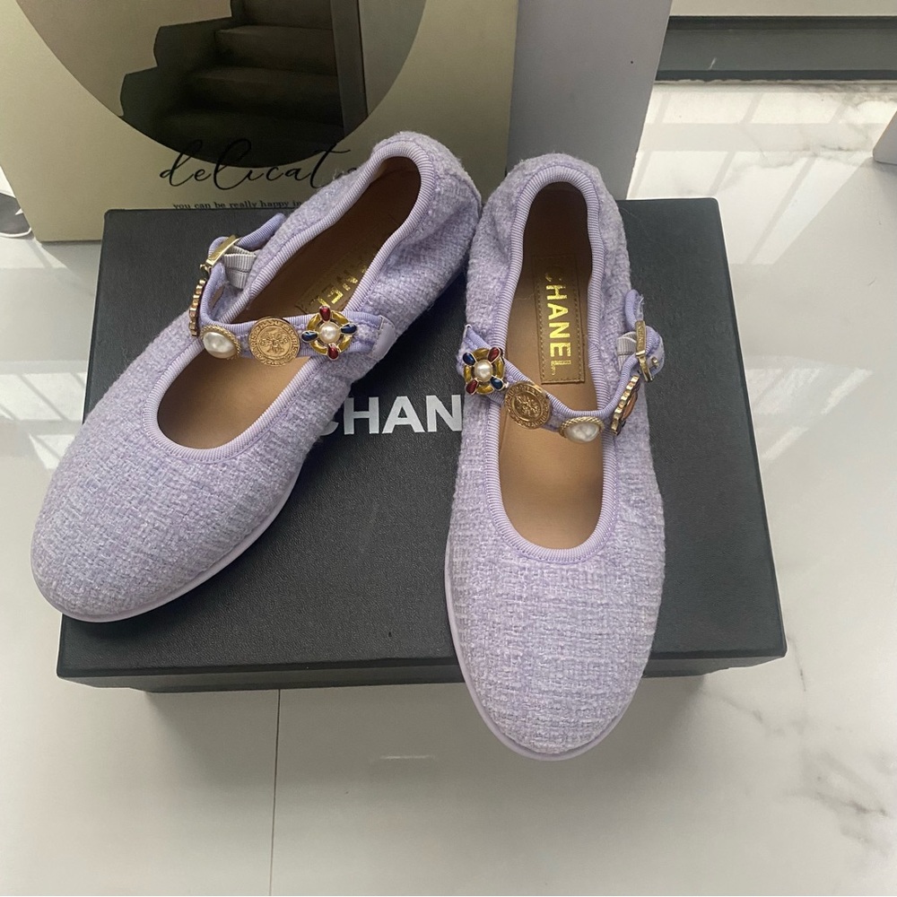 CHANEL Lilac Tweed Mary Jane Flats with Embellished Chain Strap